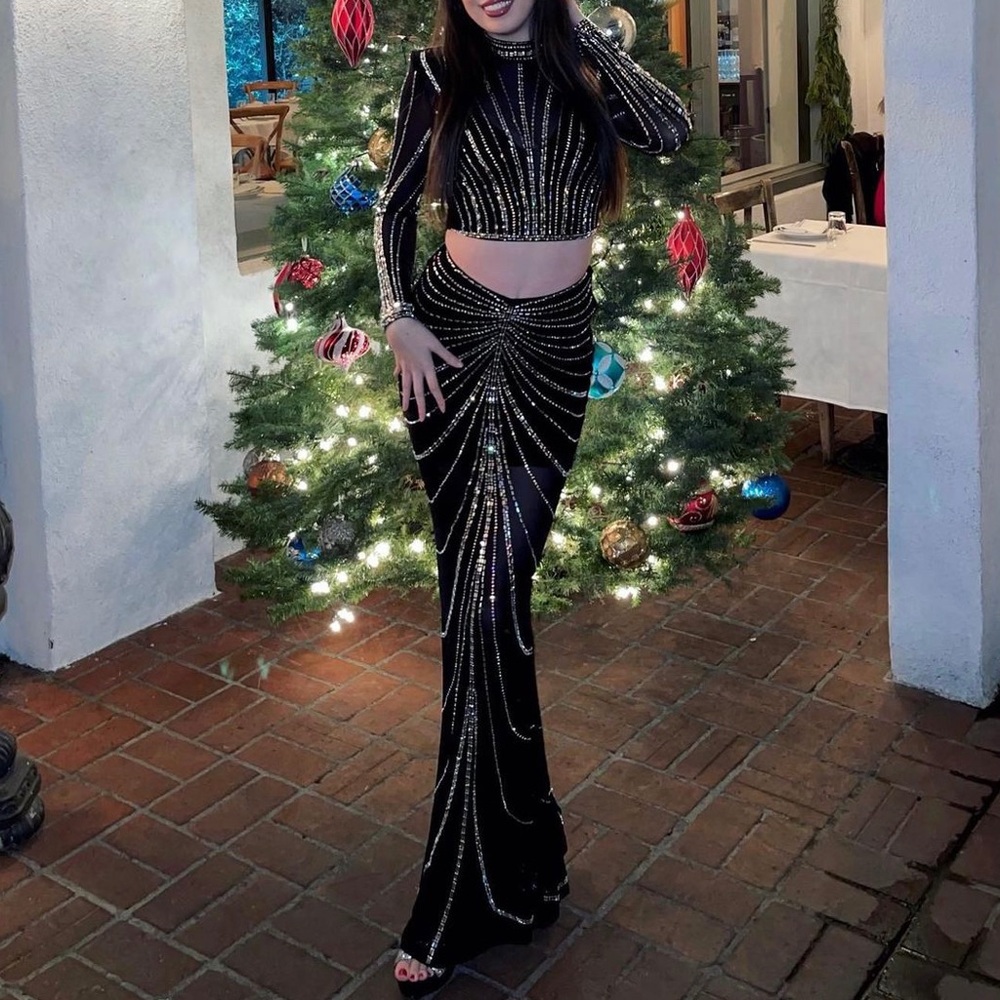 Rhinestones two piece crop top maxi skirt sheer set - Picture 4 of 7